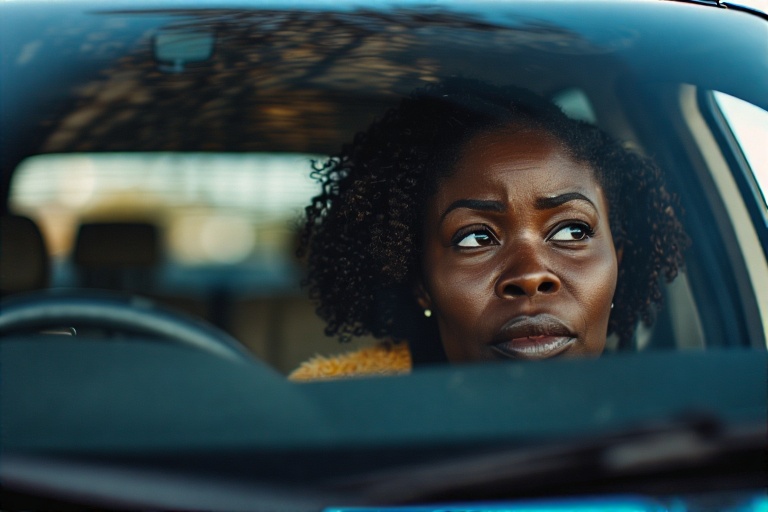 a woman in her car sitting and exhausted from a long day of service. 